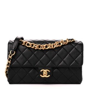 Chanel Black and Gold lambskin Quilted lambskin chaine lettre square flap black